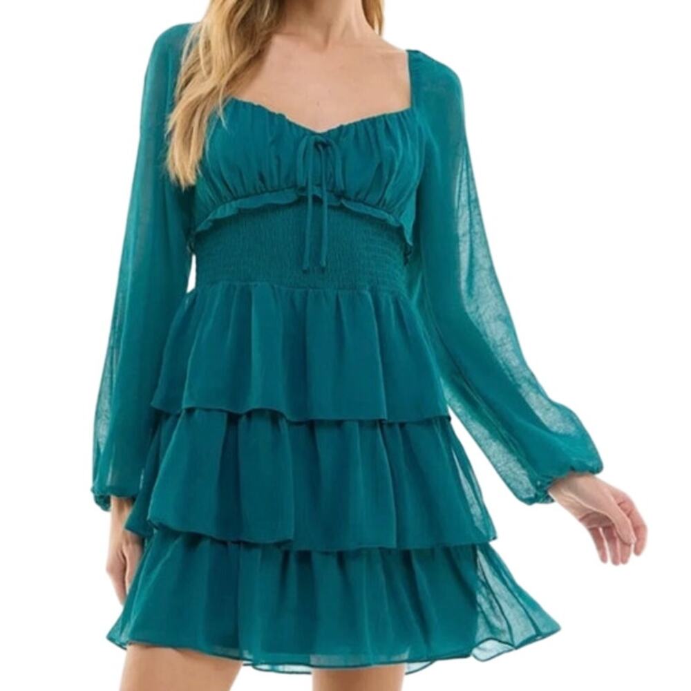 City Studio Women's Long-Sleeve Smocked-Waist Tiered Mini Dress in Teal Blue